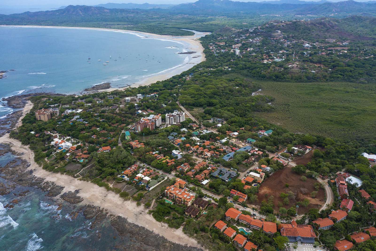 aerial view of Playa Langosta and downtown Tamarindo, Costa Rica